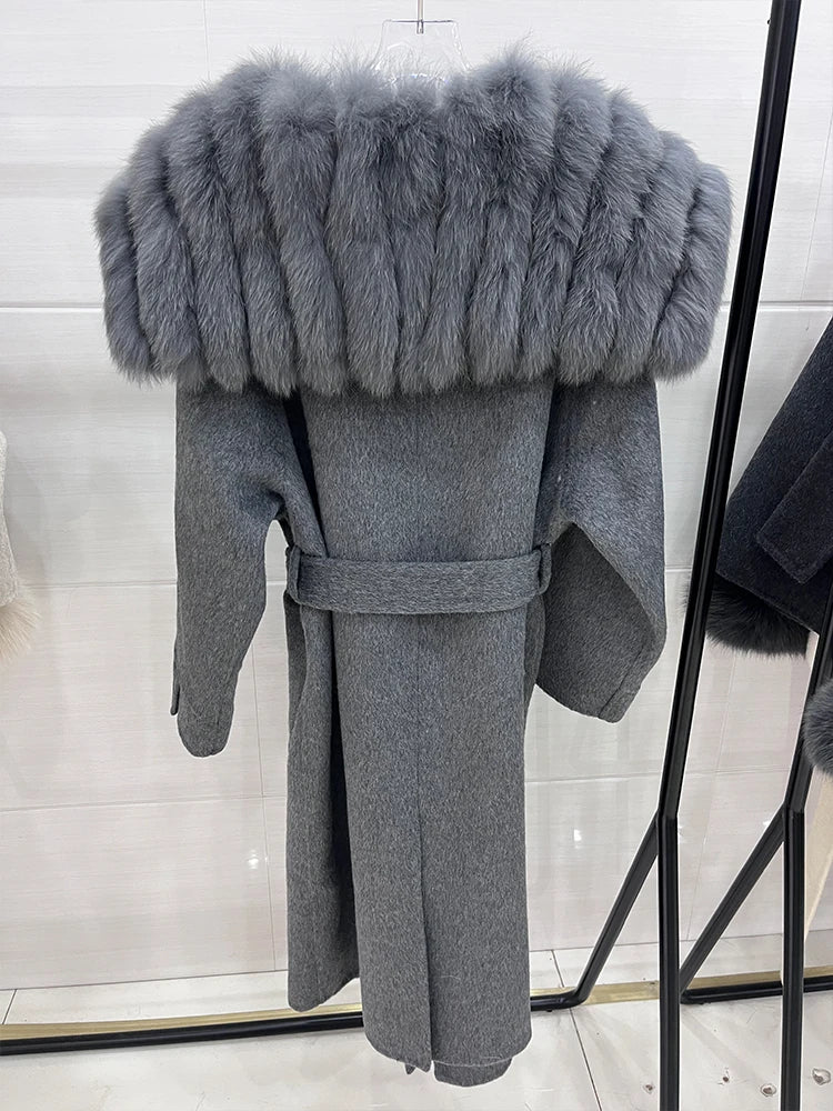 Long Cashmere Wool Coats Real Fur Collar