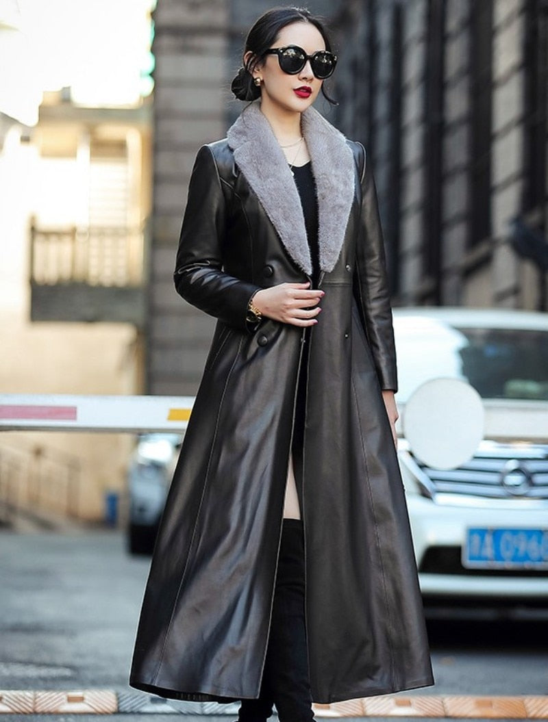 Genuine Leather Duck Down Mink Fur Collar X-Long Coats