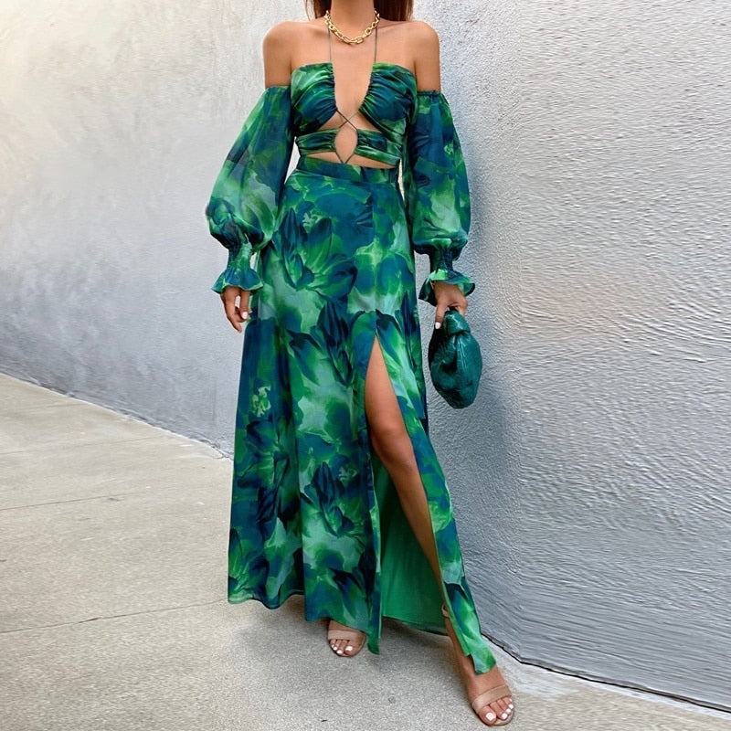 Green Flora Print Off-shoulder Backless Maxi Dress