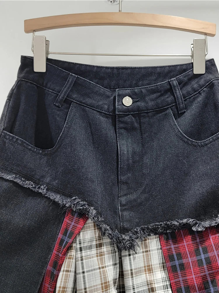 Denim Plaid Patchwork Irregular Mini Skirts