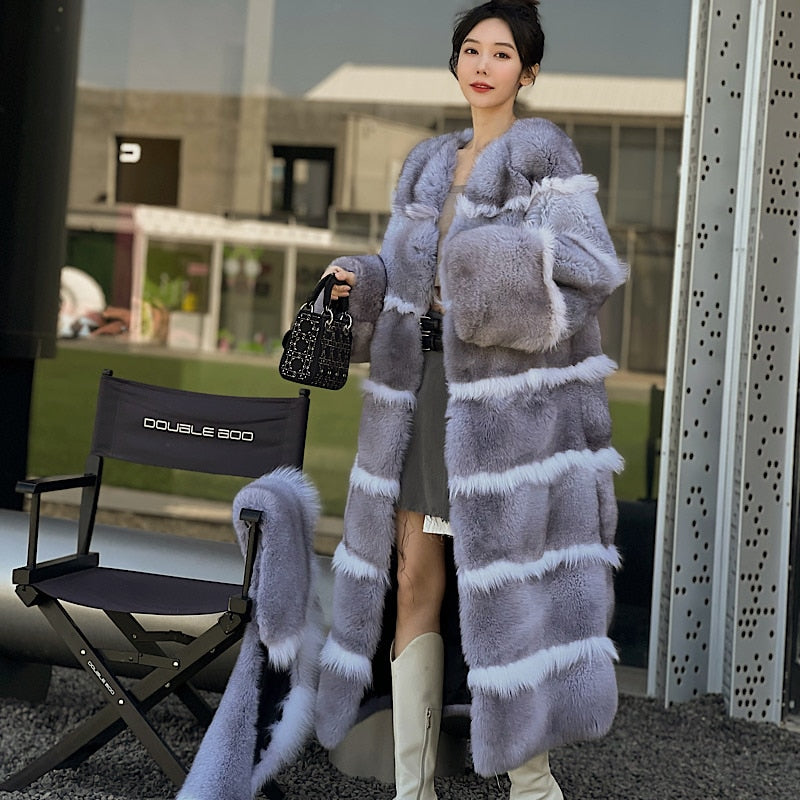 Luxury X-Long Fur Coat Detachable Big Fur Collar