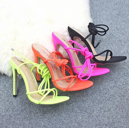 PU Leather Ankle Tie High Heels