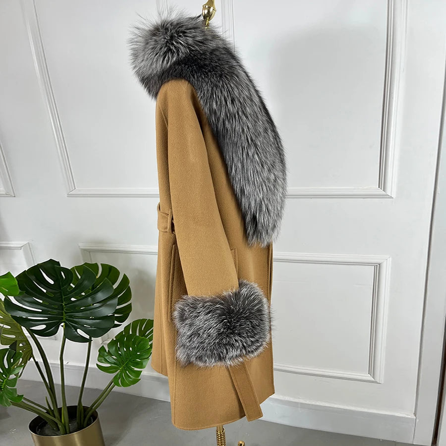 Cashmere Long Wool Coat Big Real Fur Collar Cuffs