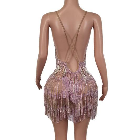 Rhinestones Tassel Fringe Backless Mini Dresses
