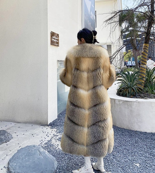 Long Thick Collar Real Fox Fur X-Long Coats