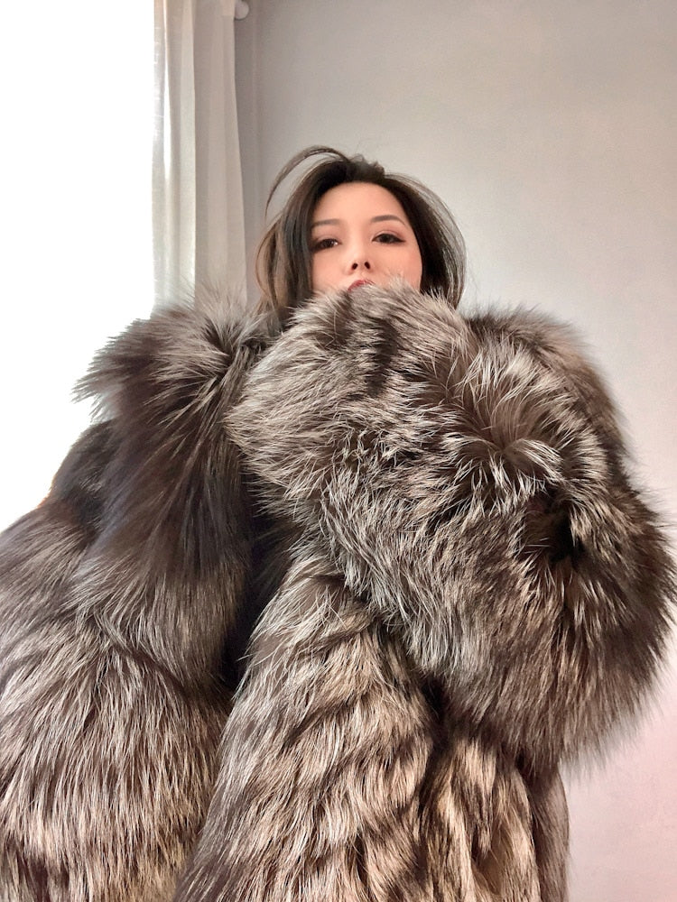 Luxury Dark Silver Real Fur Hooded Coat