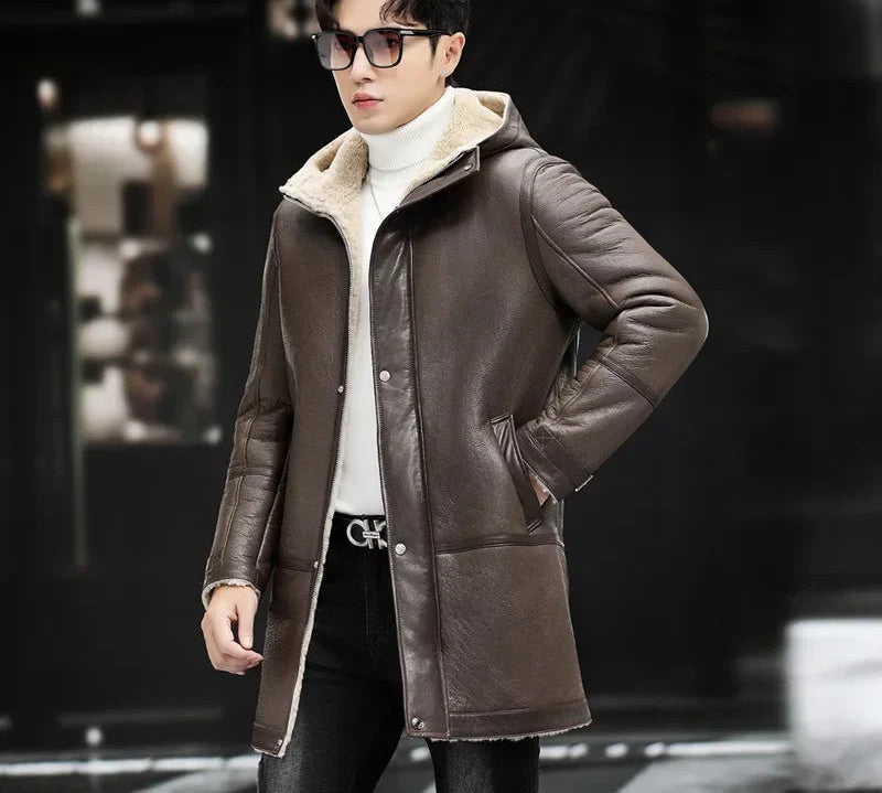 Genuine Leather Mid-length Coats Wool Liner Hooded