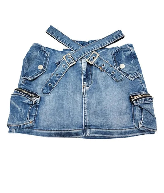 Denim Cross Belt Off Cargo Miniskirts