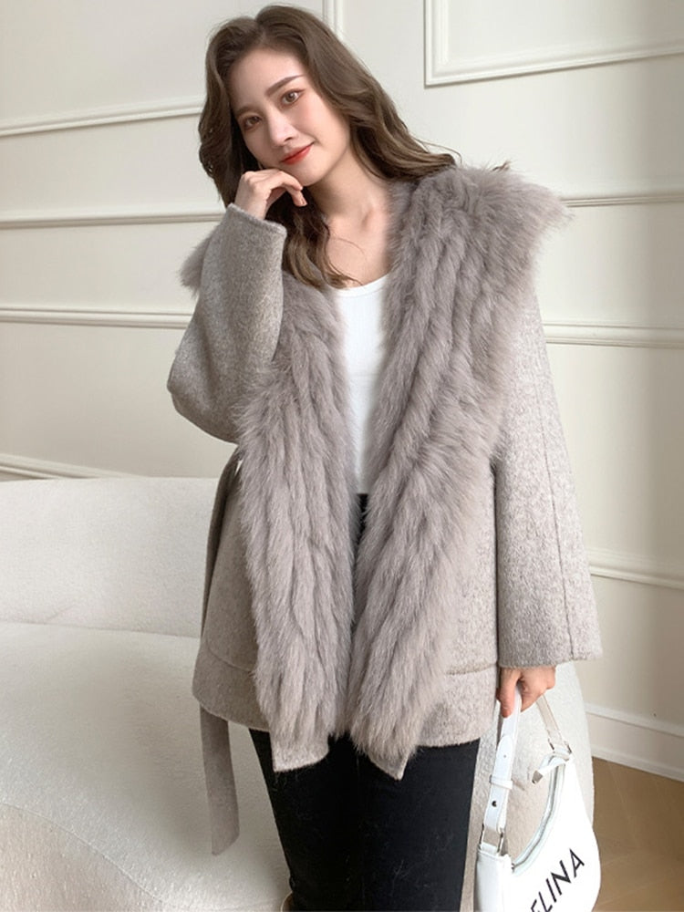 Cashmere Hoodie Coats Removeable Real Fur Liner