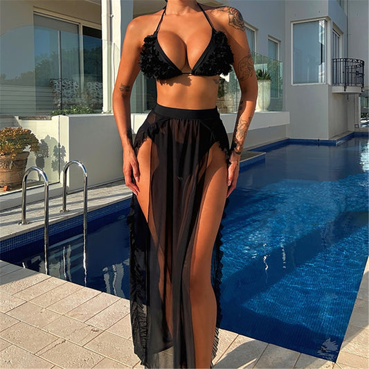 Black Bikini & Long Mesh Skirt Set