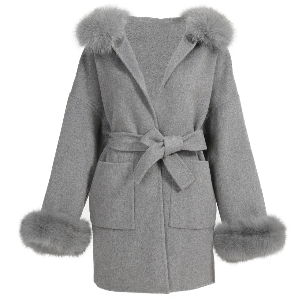 Cashmere Pea Coats Real Fur Hoodie & Cuffs