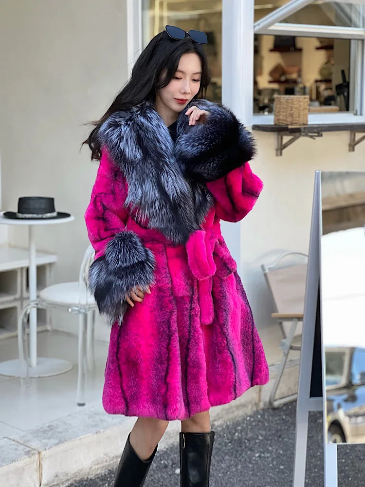 Real Rex Rabbit Fur Coats Fox Lapel Collar