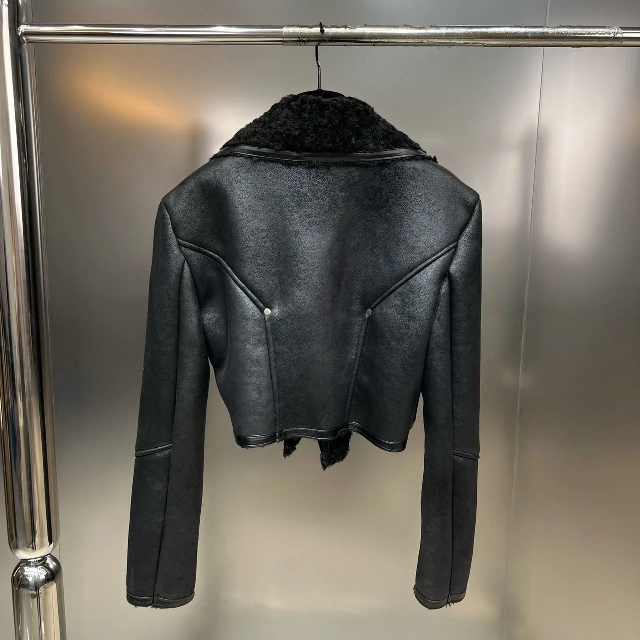 Crop PU Leather Jackets Faux Fur Liner