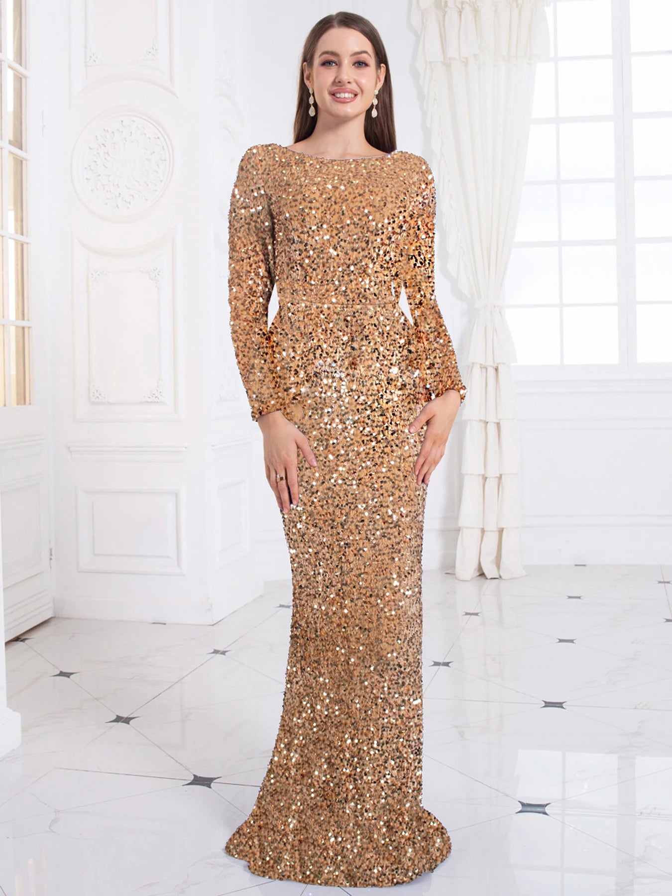 Sequin O Neck Sleeved Mermaid Long Dresses