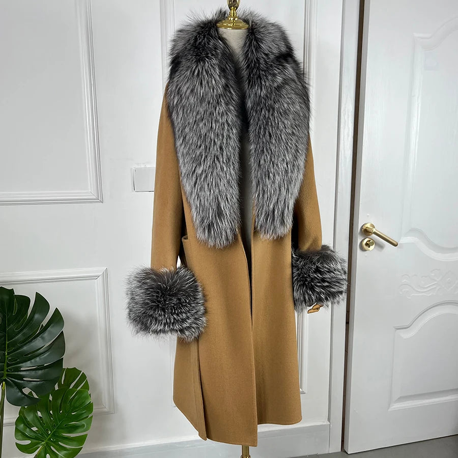 Cashmere Long Wool Coat Big Real Fur Collar Cuffs