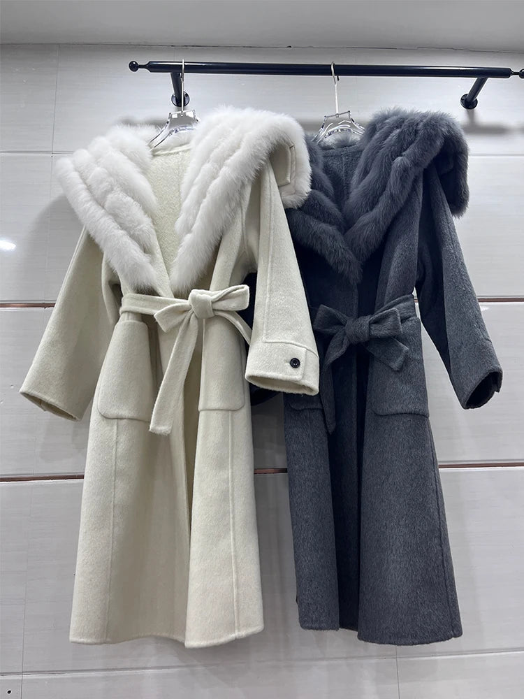 Long Cashmere Wool Coats Real Fur Collar