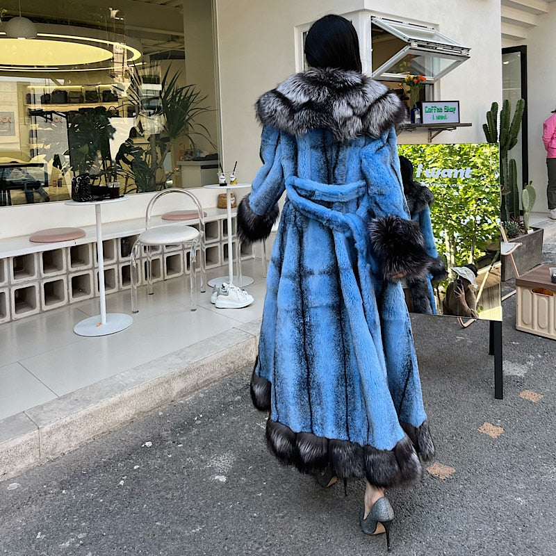 Luxury Real Rabbit Fur X-Long Coats Real Fur Lapel Collar