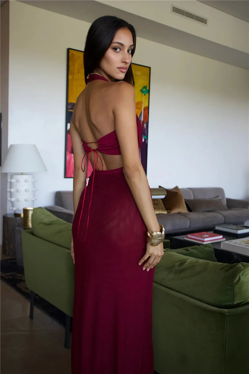 Sleeveless Backless Lace Up Maxi Dresses