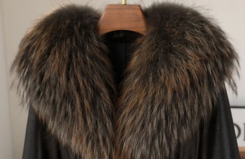 Genuine Leather Long Coats Real Fur Lining Collar& Cuffs