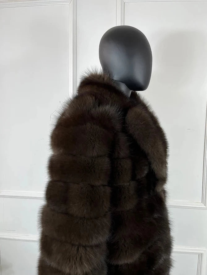 Brown Pattern Real Fox Fur Long Coat