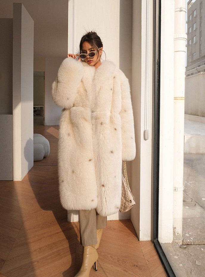 Luxury Polka Dot Real Fox Fur Long Coats