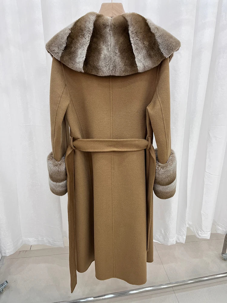 Long Cashmere Wool Coats Real Fur Collar & Cuffs