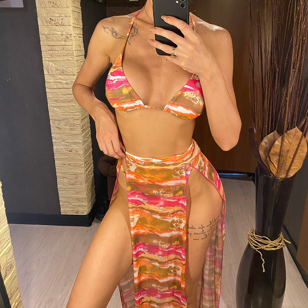 Print Halter Bikini Set & Long Skirt