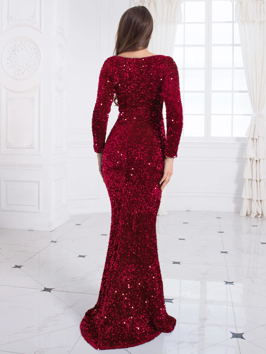 Sequin O Neck Sleeved Mermaid Long Dresses