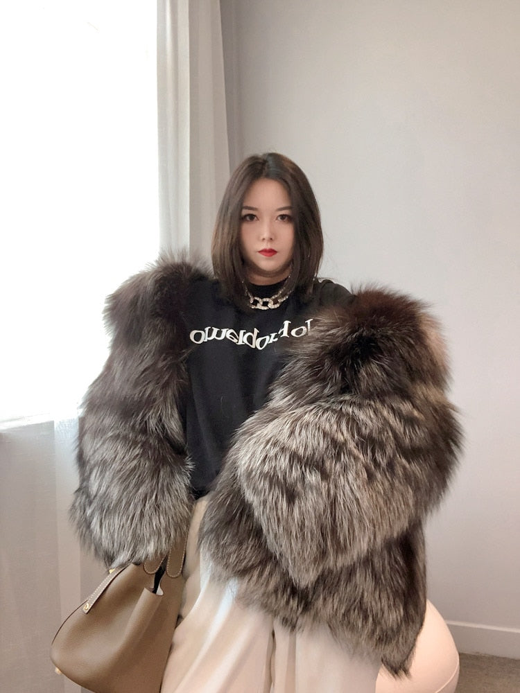 Luxury Dark Silver Real Fur Hooded Coat