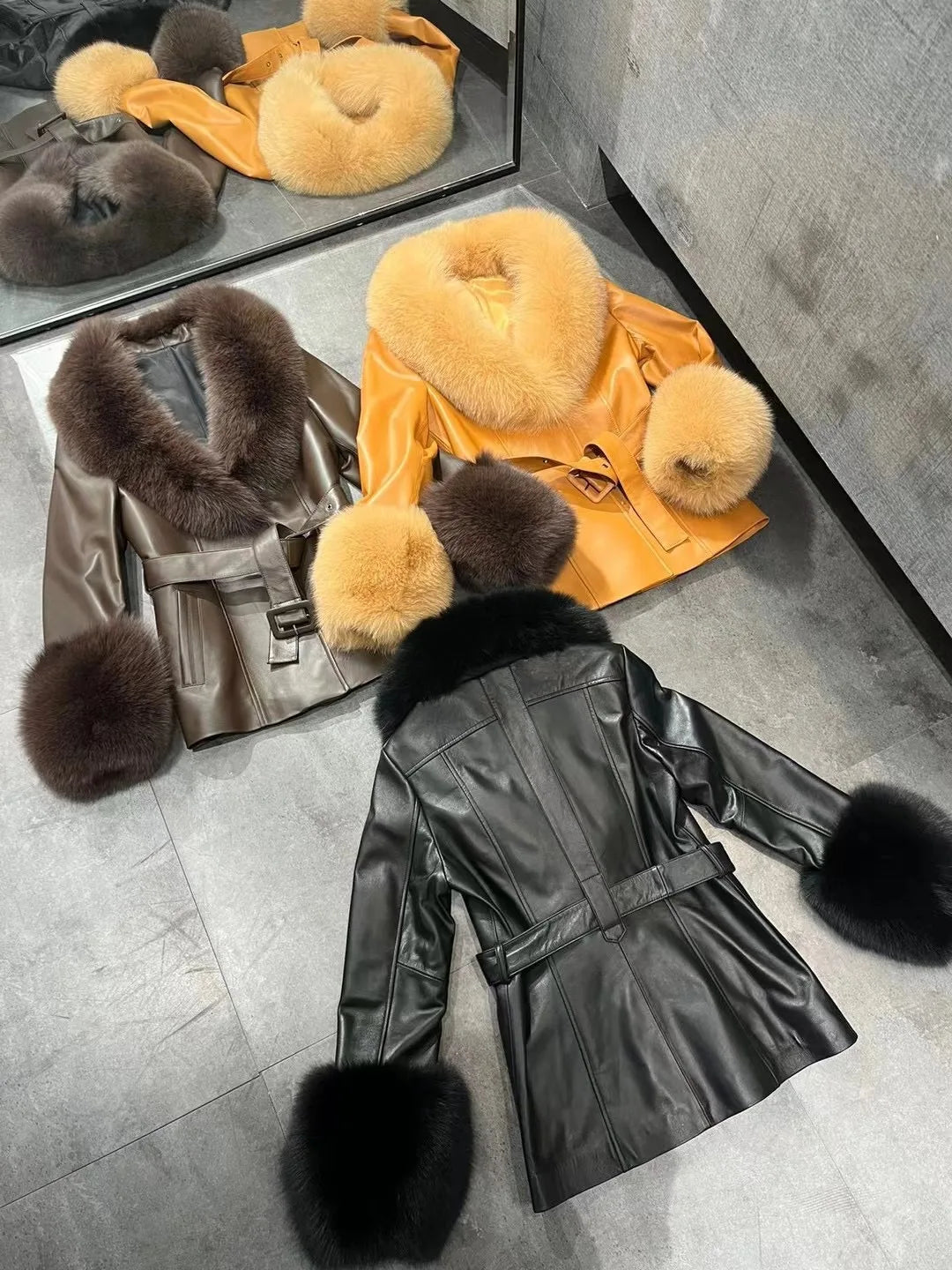 Genuine Leather Blazer Real Fur Collar and Cuffs