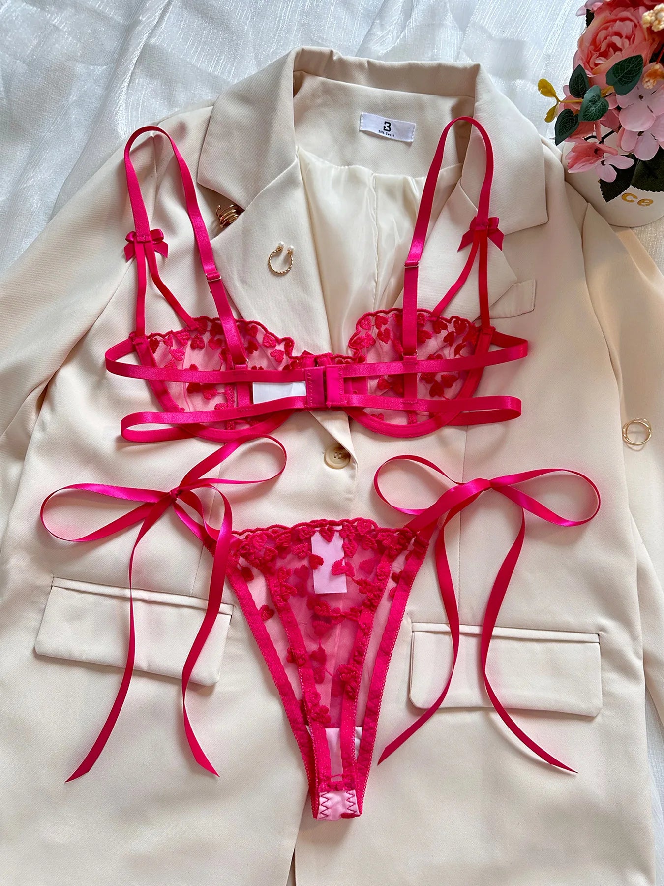 Mesh Heart Shaped Embroidery Bra & Thong Sets