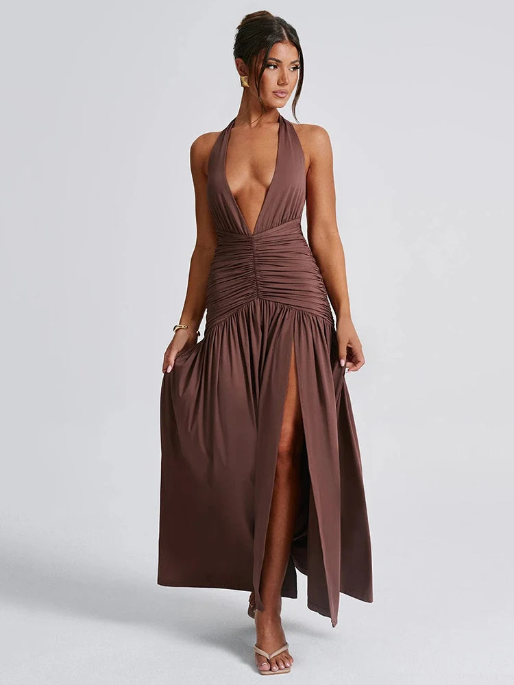 Halter Deep V Thigh High Split Maxi Dresses