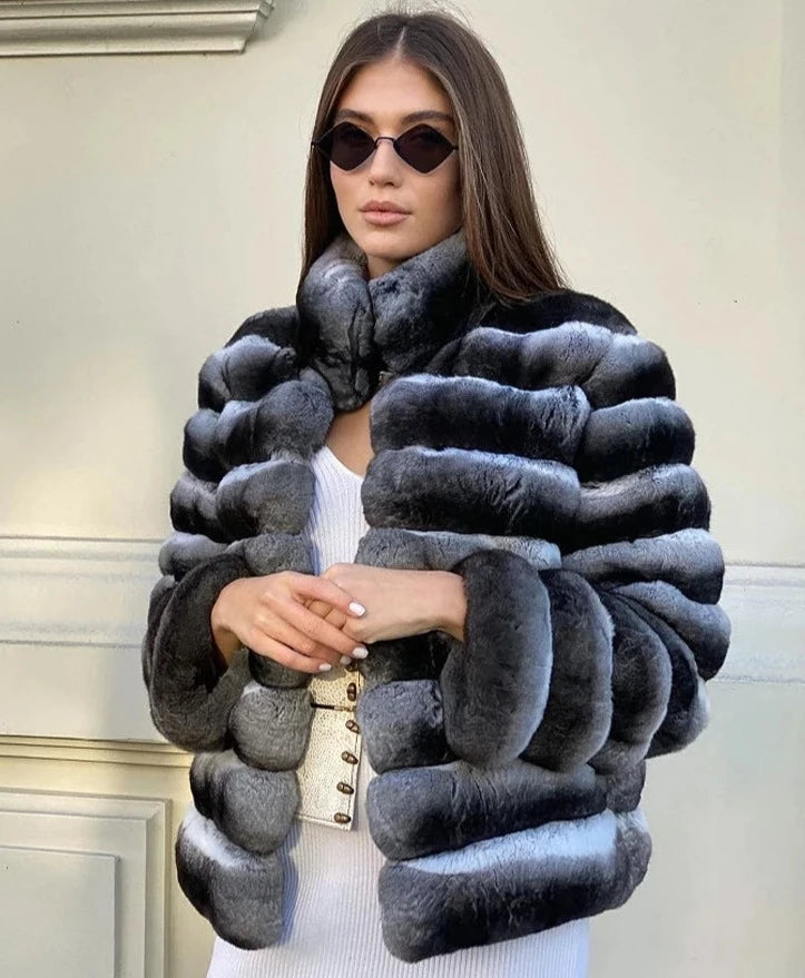Chinchilla Style Genuine Rex Rabbit Fur Coat Short