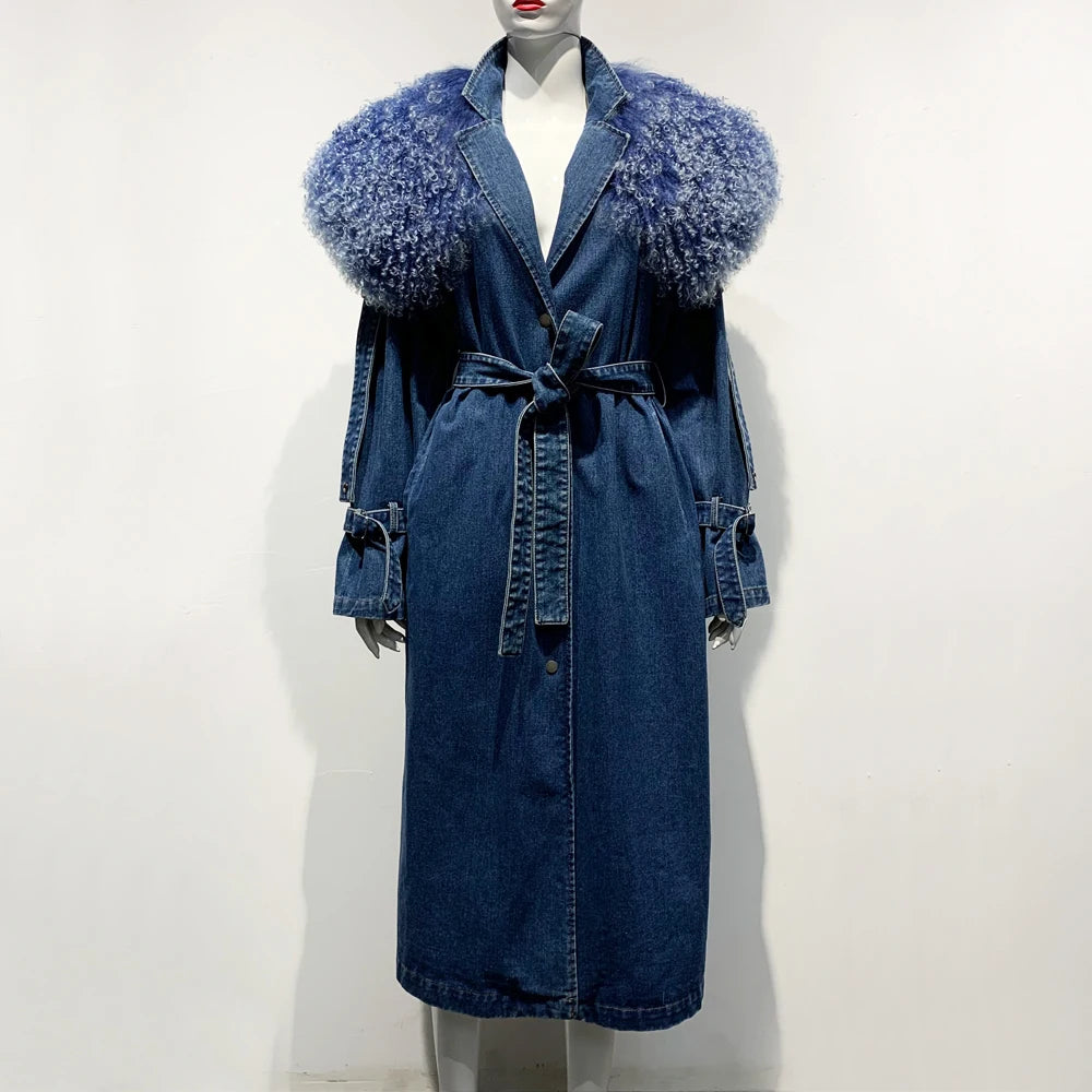 X-Long Denim Trench Coat Real Fur Big Collar
