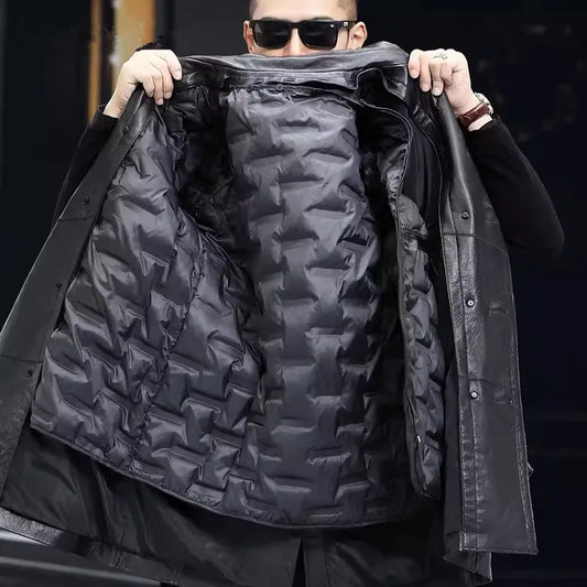 Genuine Leather Down Trench Coats Real Fur Collar