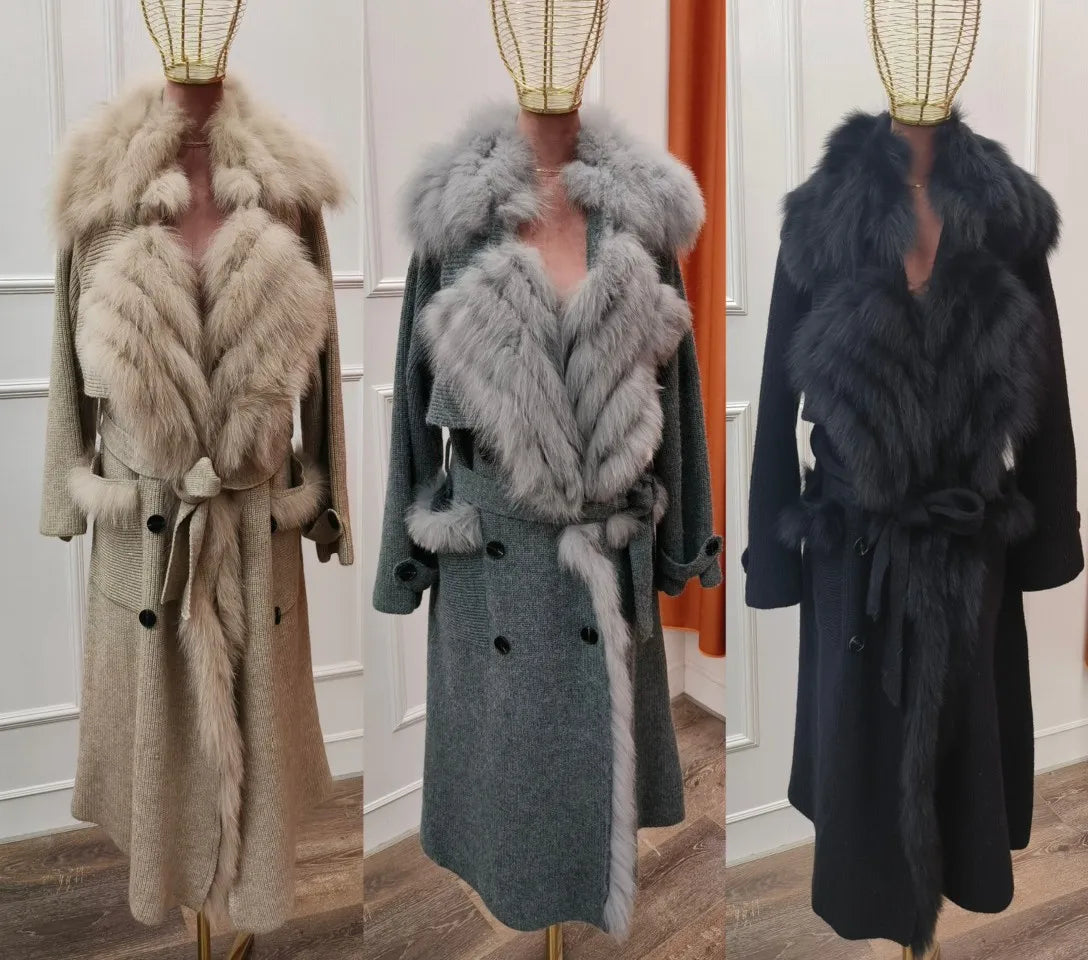 Real Fur Knitted Collar Long Wool Coats