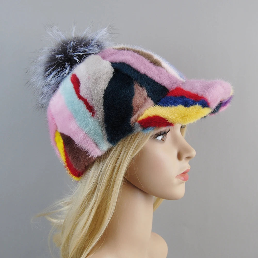 Colorful Real Mink Fur Bomber Hats Fur Pompom