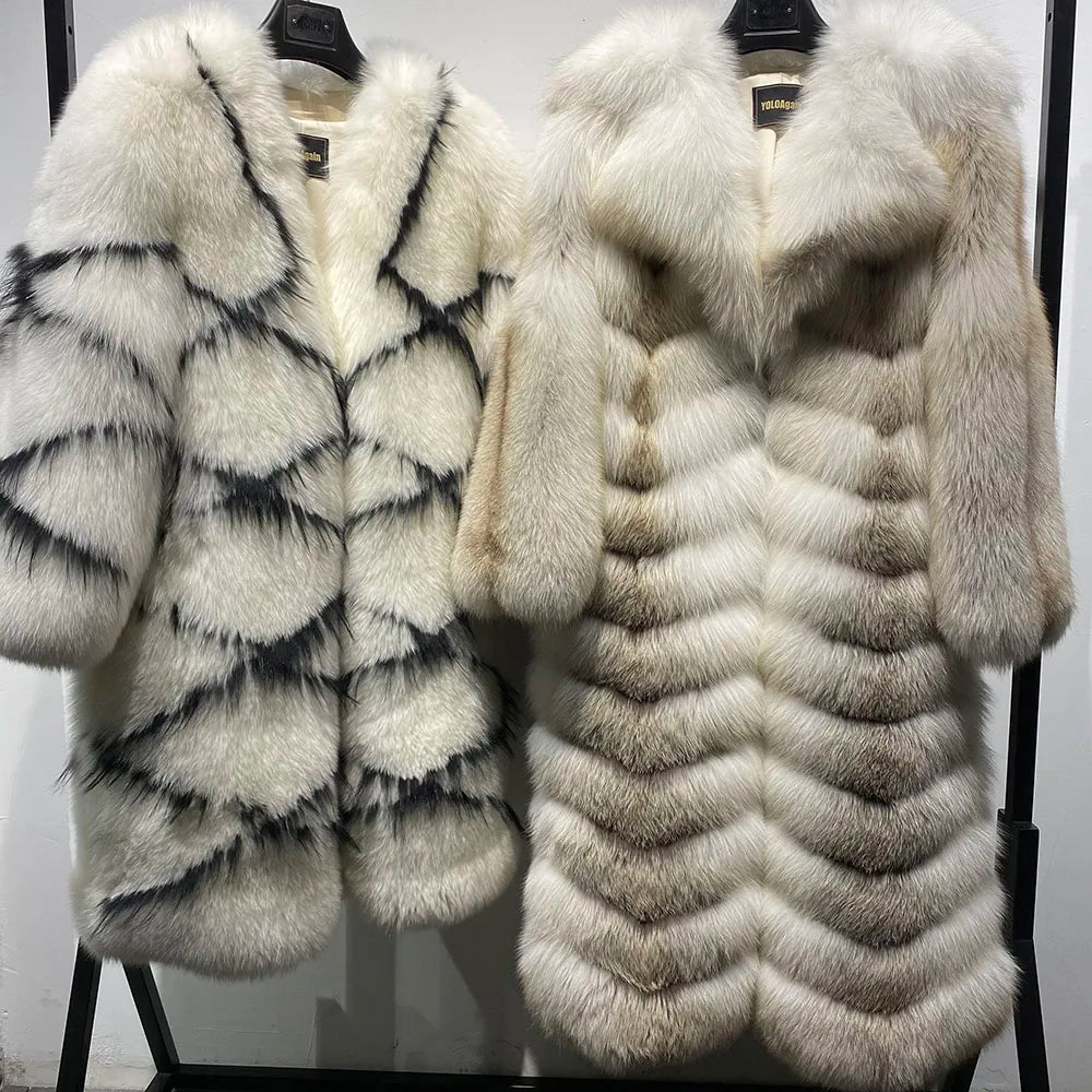 Pattern Real Fox Fur Coats X-Long Big Collar
