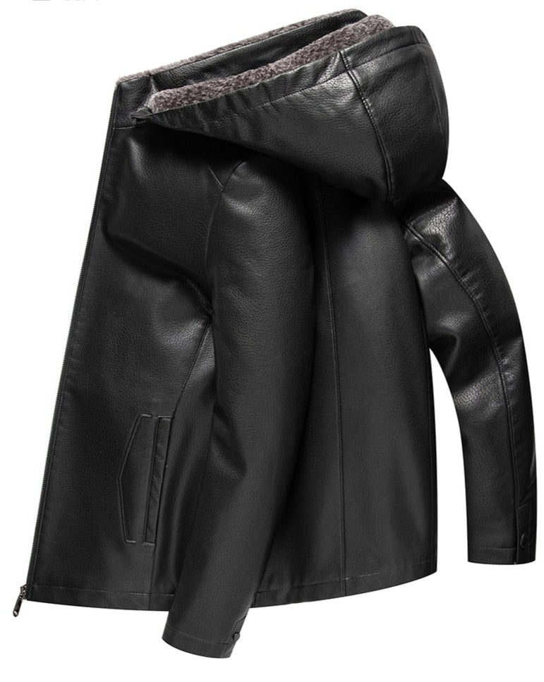 Genuine Leather Short Jackets Stand Collar Hoodie