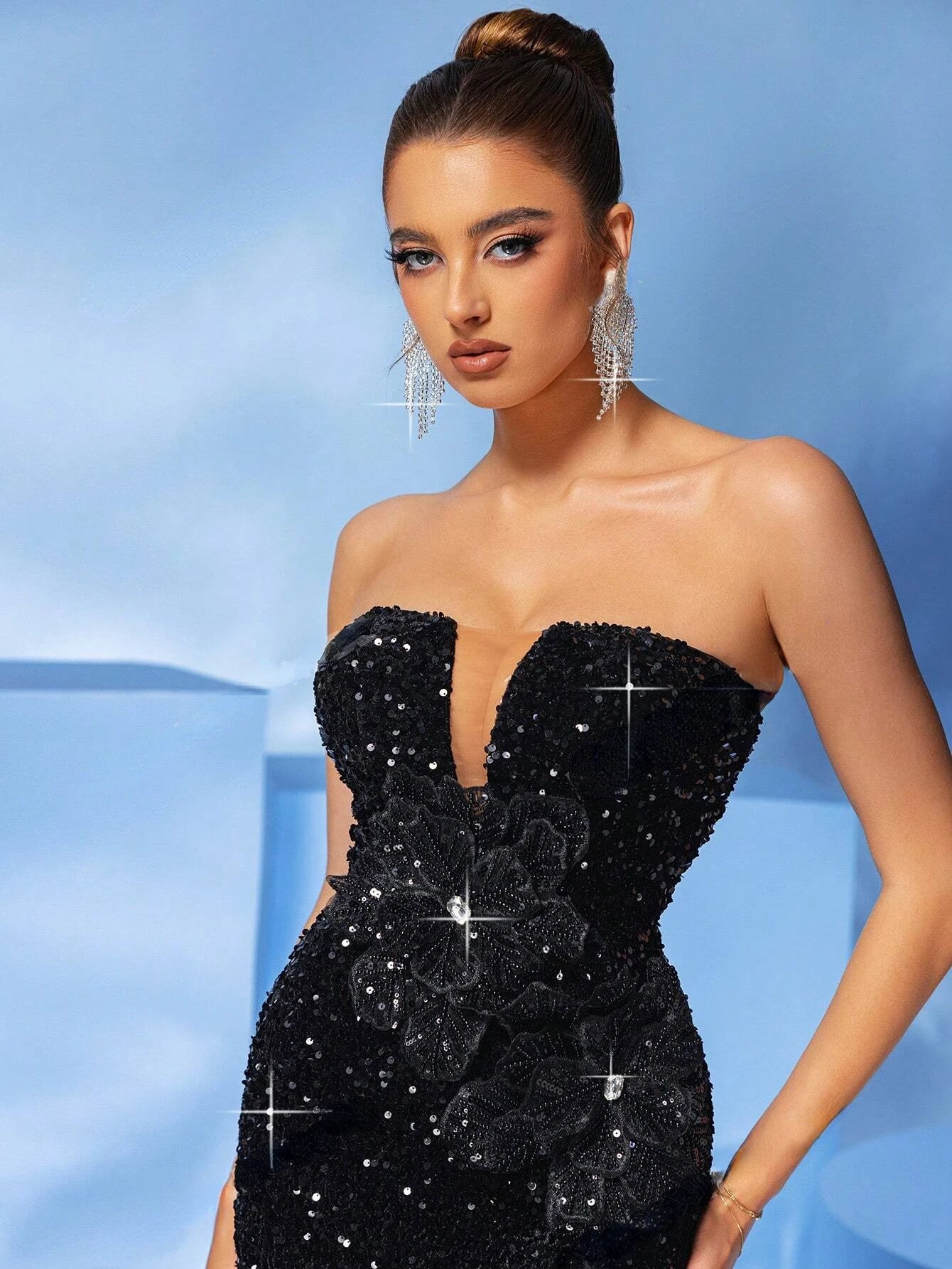 Black Sequins High Split Formal Evening Dress