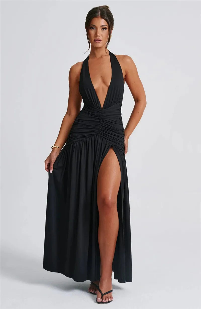 Halter Deep V Thigh High Split Maxi Dresses