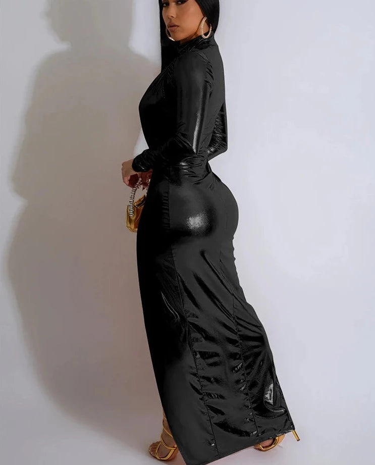 Metallic Long Sleeve High Side Split Maxi Dresses