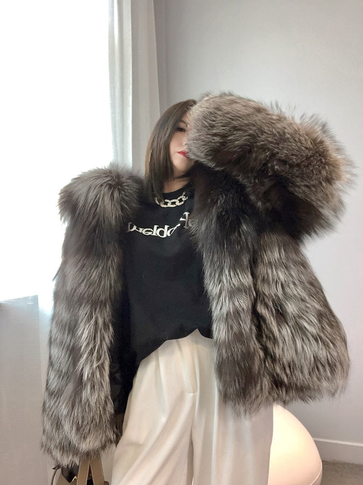 Luxury Dark Silver Real Fur Hooded Coat