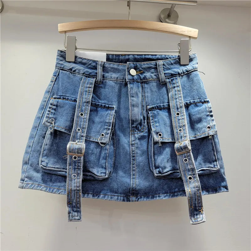 Denim Bandage Cargo Miniskirt Shorts