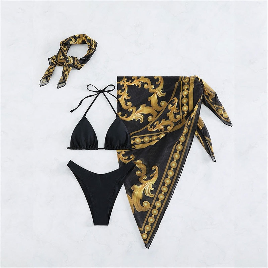 Printed Bikini Sets Scarf & Cover Up 4 pcs