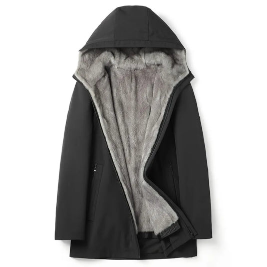 Black & Grey Natural Mink Fur Coats Parka