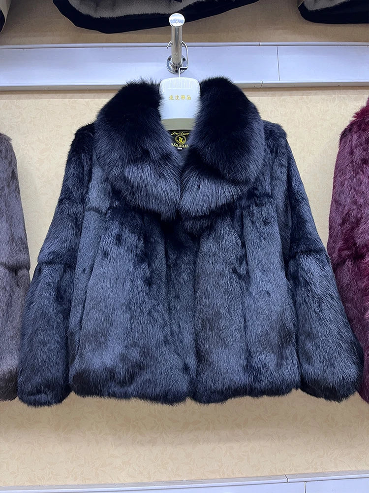 Short Real Rabbit Fur Coats Fox Fur Collar