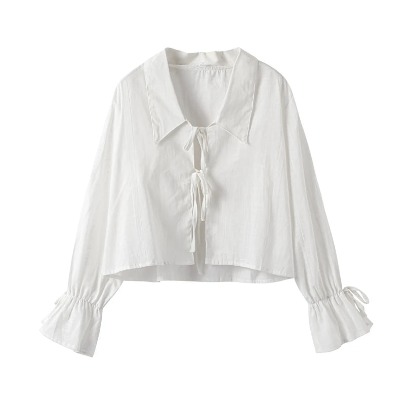 Tie Lantern Sleeve Blouse & Ruffles Shorts Sets