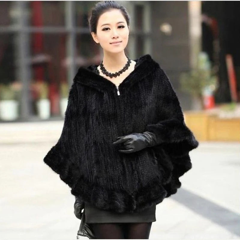 Knitted Real Mink Fur Hooded Ponchos