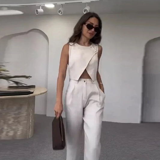 Sleeveless Single Breasted Crop & Pants Sets